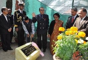 The Governor of Arunachal Pradesh Shri JP Rajkhowa inaugurating the �Tail Flowers House� at Raj Bhavan, Itanagar on 27th January 2016. Also seen: The First Lady of the State Smt Rita Rajkhowa and PCCF Dr. Shashi Kumar.